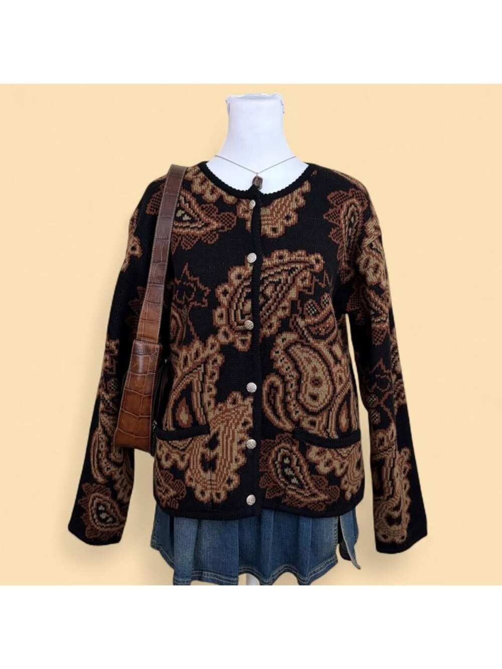 80s brown paisley whimsical quirky cottagecore whimsygoth cardigan - Picture 1 of 8